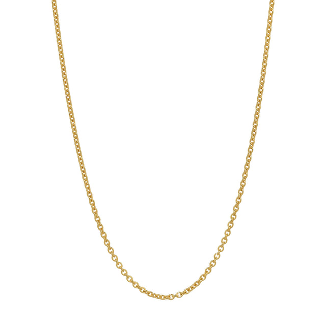 10k Italy Gold Chain: 0.75mm-1.25mm Diamond Cut Rolo Italian Gold Chain against a plain background.