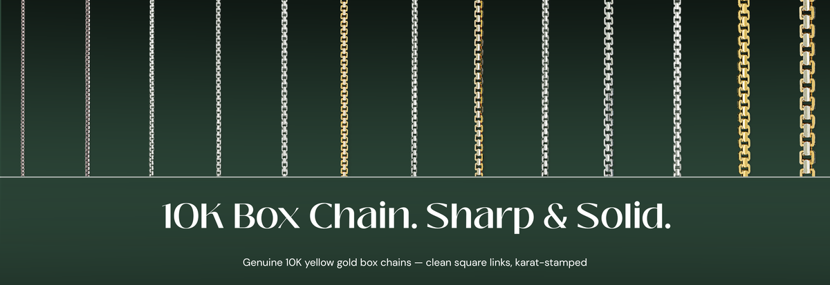 Italian 10K yellow gold box chain necklaces with crisp square links