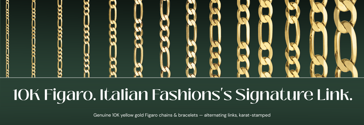 Italian 10K yellow gold Figaro chains with alternating long and short links