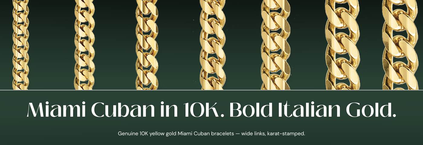 Italian 10K yellow gold Miami Cuban bracelets with wide links
