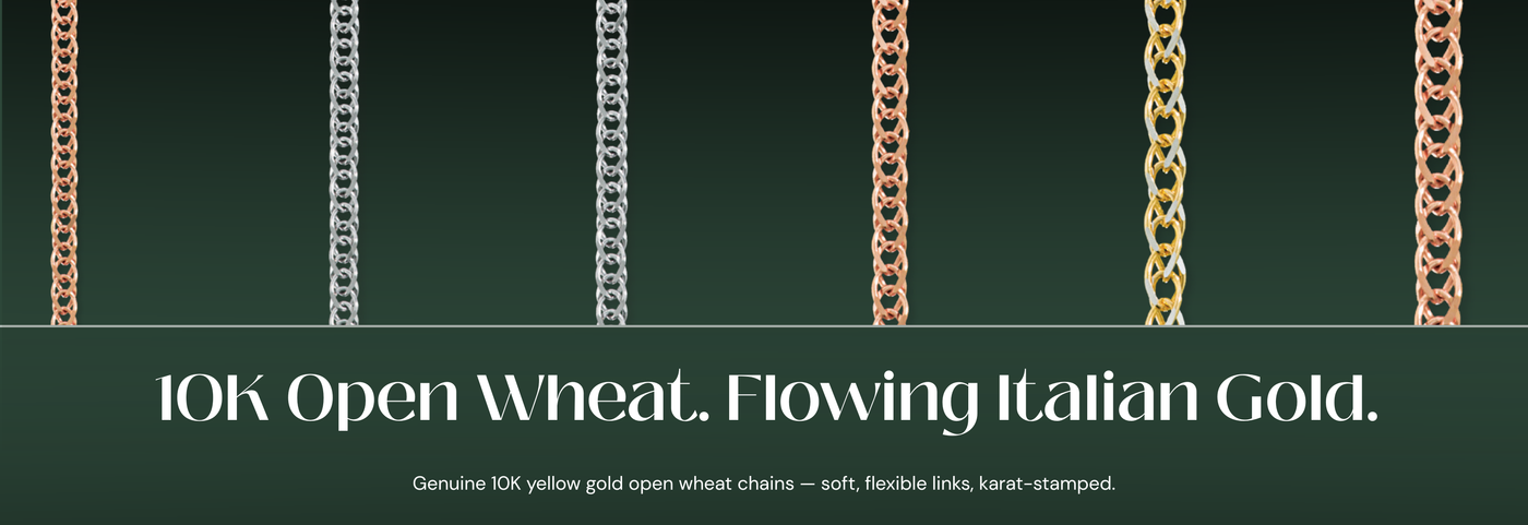 Italian 10K yellow gold open wheat chains with soft woven links