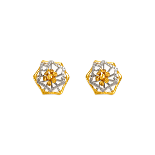 14K Yellow Two-Tone Gold Diamond Cut Flower Stud Earrings