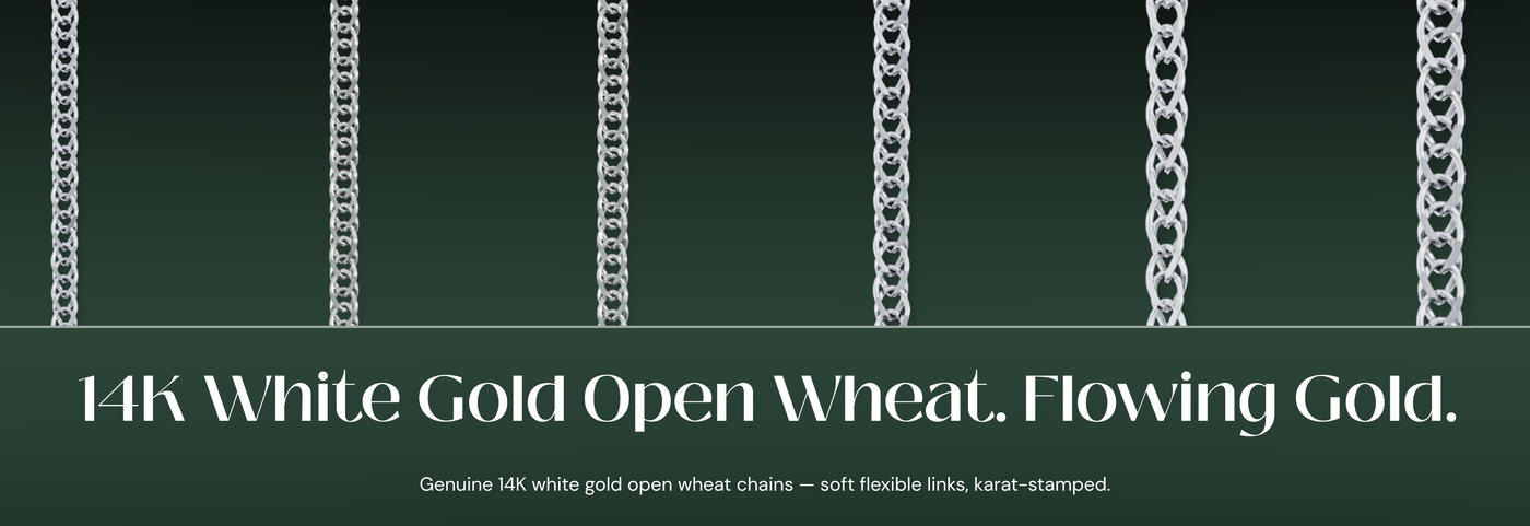 Italian 14K white gold open wheat chains