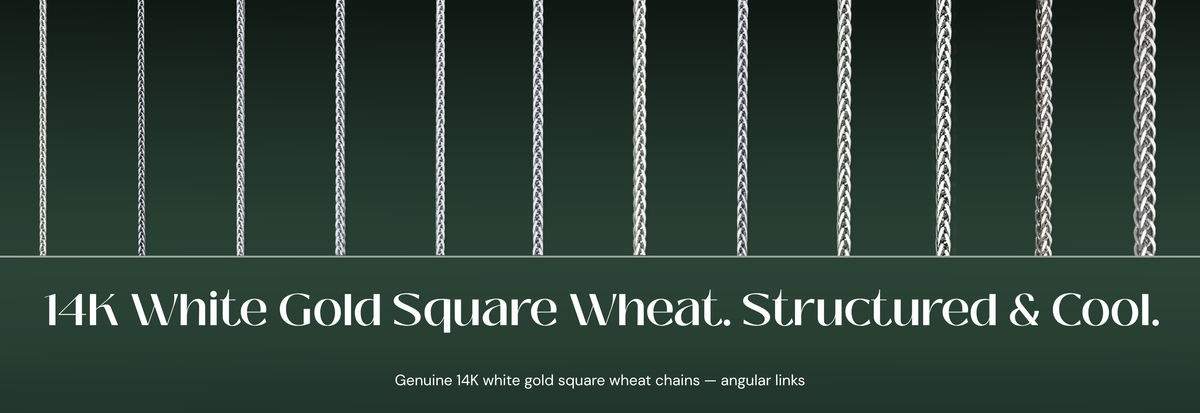 14K white gold square wheat chains with the headline 14K White Gold Square Wheat. Structured & Cool.