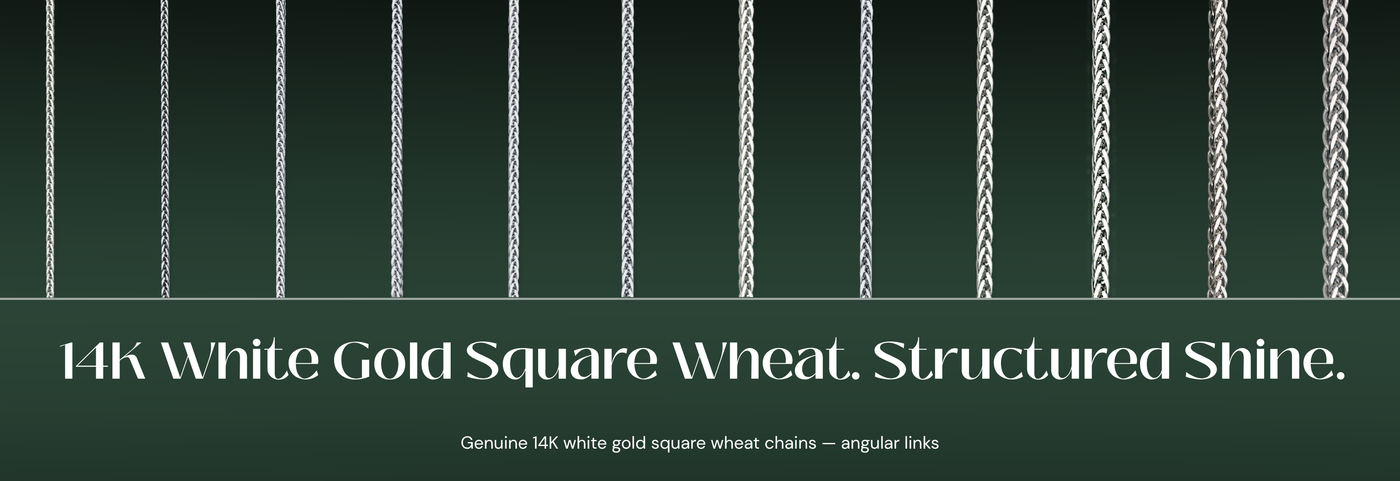 Italian 14K white gold square wheat chains
