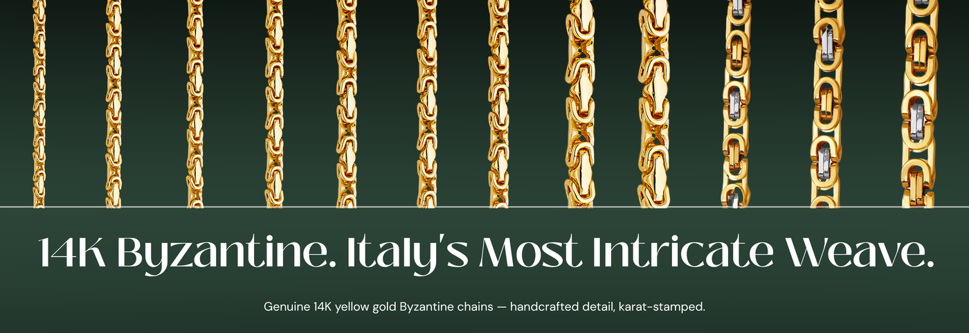 Italian 14K yellow gold Byzantine chains with intricate woven links