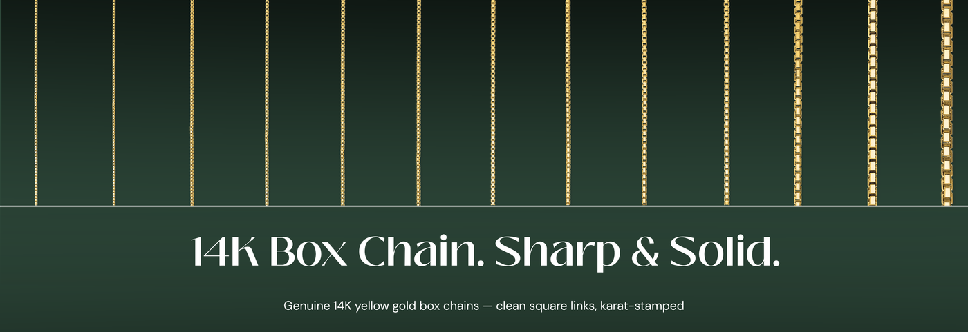 Italian 14K yellow gold box chains with crisp square links