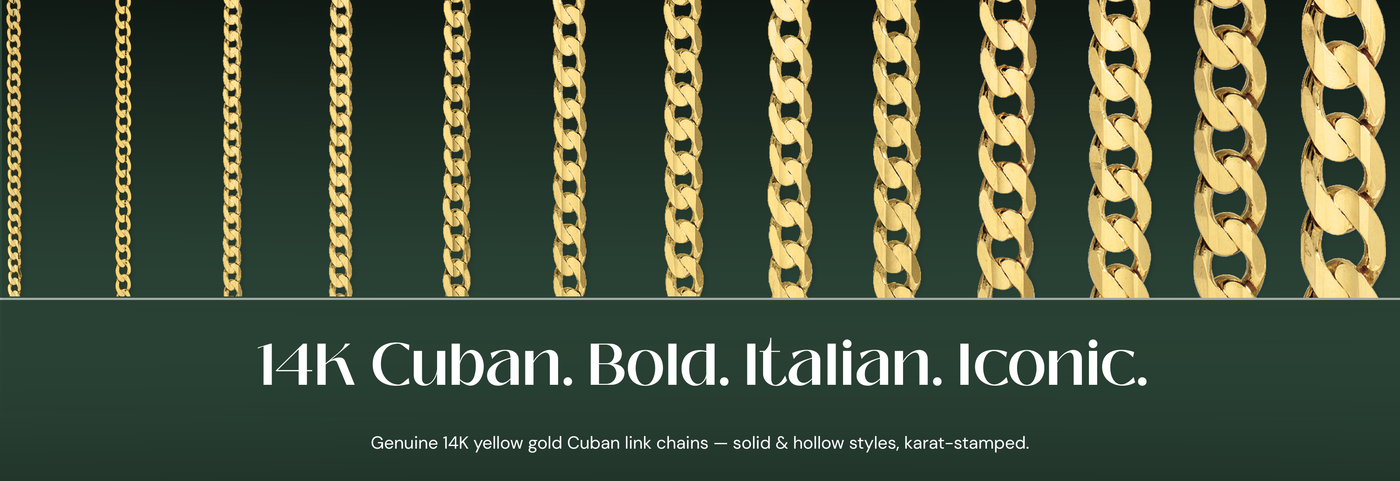Italian 14K yellow gold Cuban link chains with flat polished links