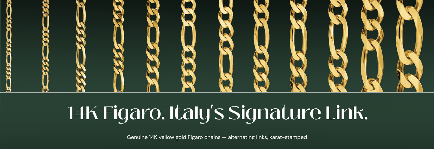 Italian 14K yellow gold Figaro chains with alternating link pattern