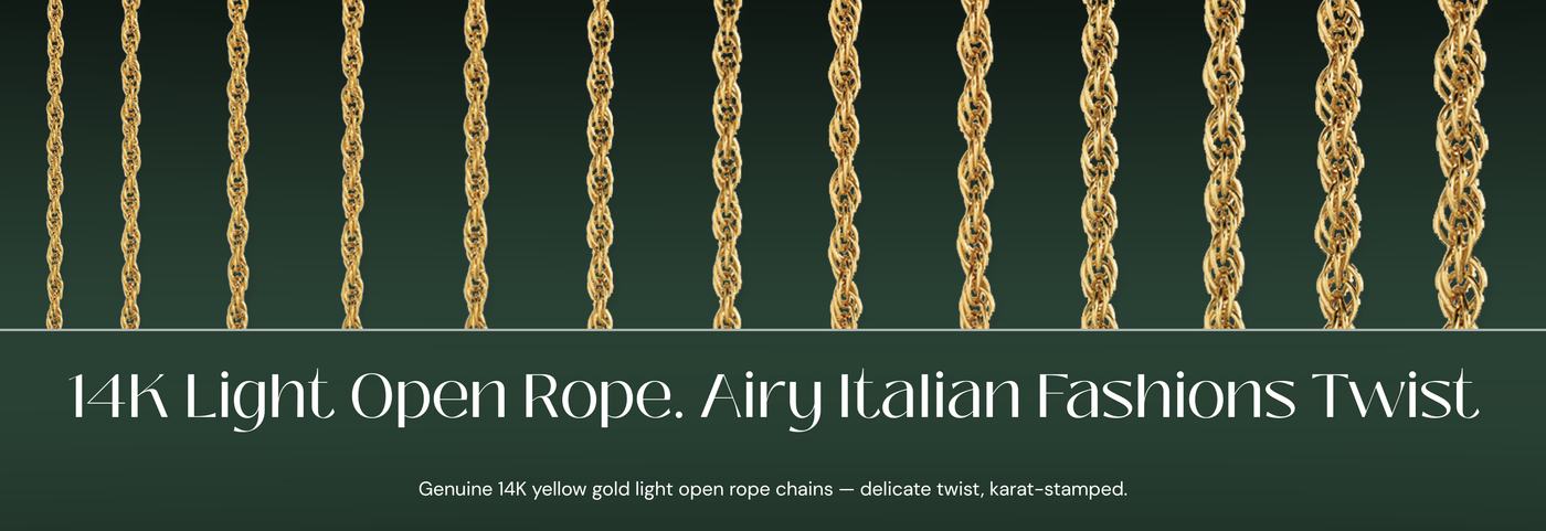 Italian 14K yellow gold light open rope chains with a delicate twist