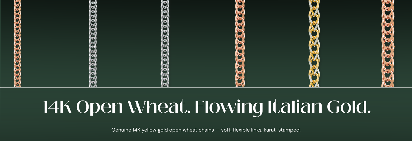 Italian 14K yellow gold open wheat chains with woven flexible links