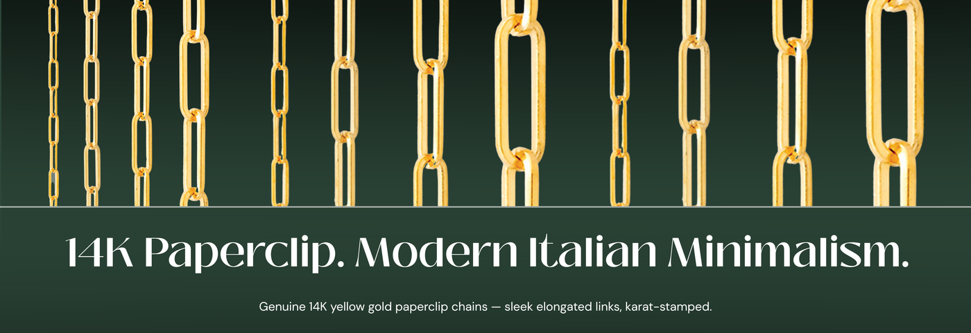 Italian 14K yellow gold paperclip chains with elongated rectangular links