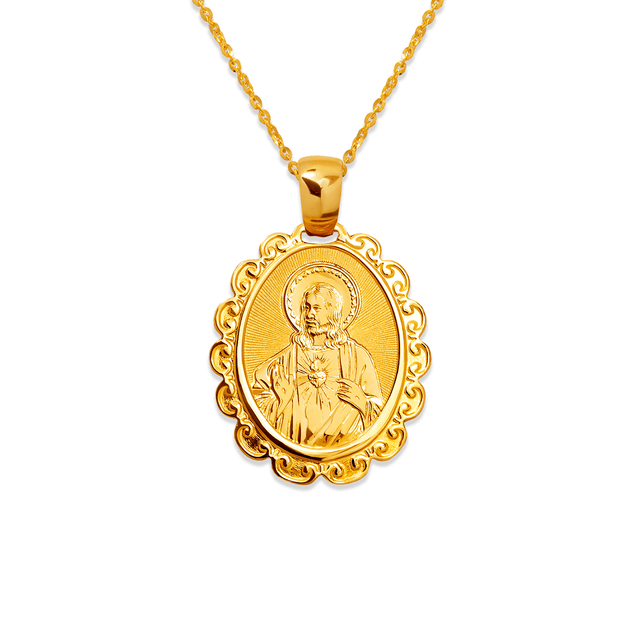 14K Yellow Jesus Sacred Heart Religious Gold Pendant on a chain, showcasing intricate design and craftsmanship.