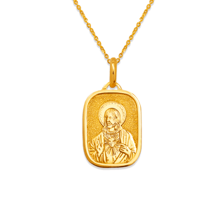 14K Yellow Jesus Sacred Heart Religious Gold Pendant displayed on a gold chain necklace.