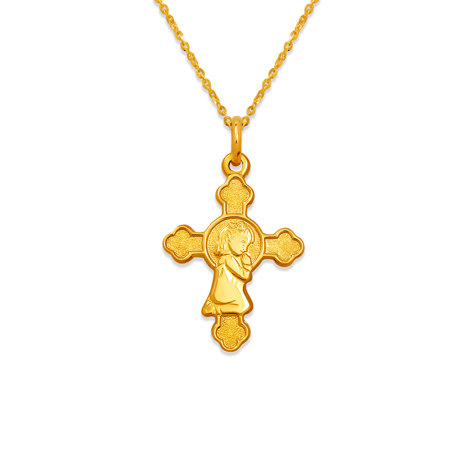 Pingente religioso de cruz de menina de comunhão em ouro amarelo 14K