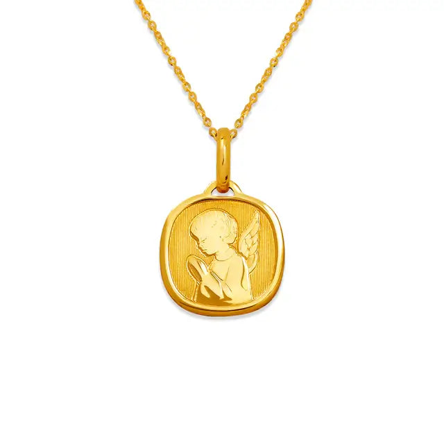 14K Yellow or White Gold Praying Angel Pendant on a delicate chain with a detailed angel design.