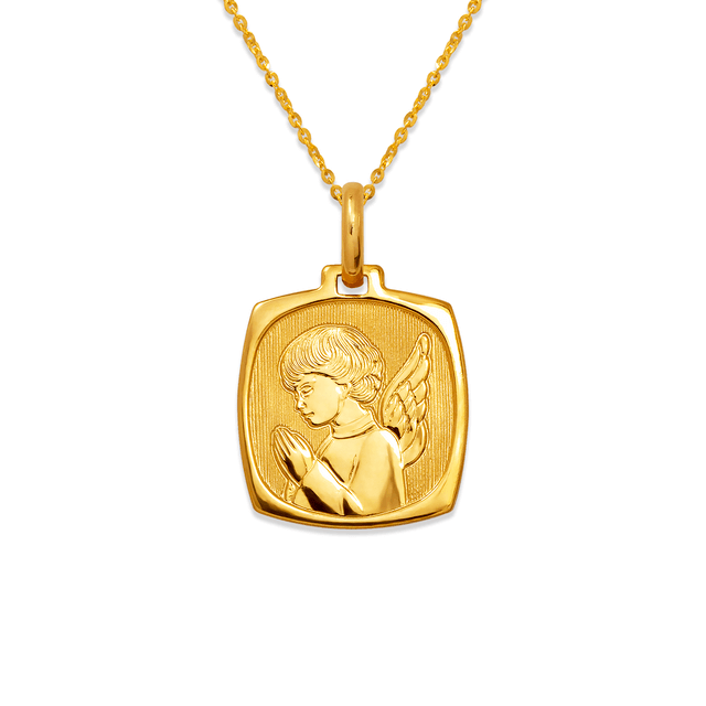 14K Yellow or White Gold Praying Angel Pendant on a delicate chain showcasing the intricate angel design.