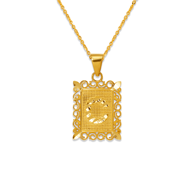 Colgante enmarcado con letra inicial de 15 x 19 mm en oro amarillo de 14 quilates en dos tonos