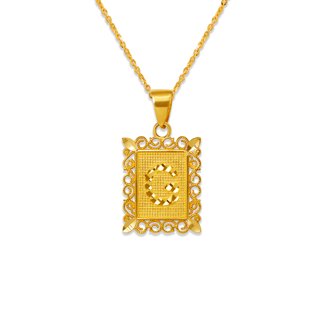 Colgante enmarcado con letra inicial de 15 x 19 mm en oro amarillo de 14 quilates en dos tonos