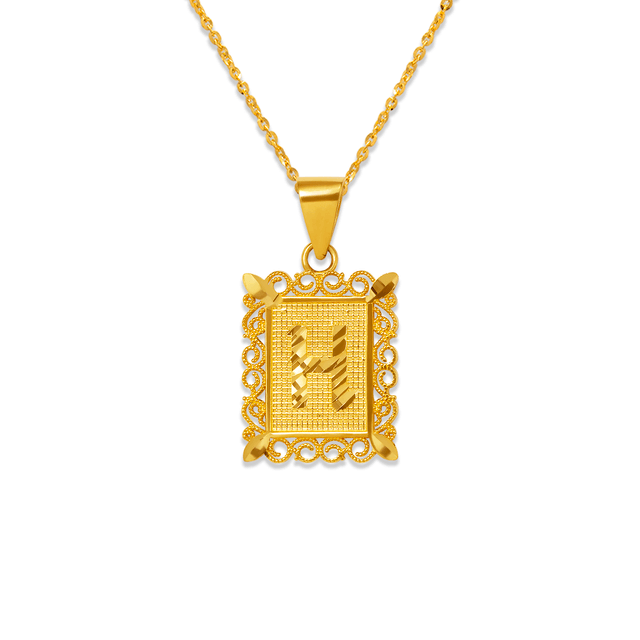 Colgante enmarcado con letra inicial de 15 x 19 mm en oro amarillo de 14 quilates en dos tonos