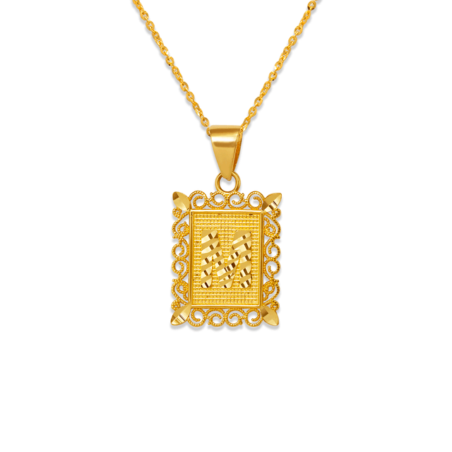 Colgante enmarcado con letra inicial de 15 x 19 mm en oro amarillo de 14 quilates en dos tonos
