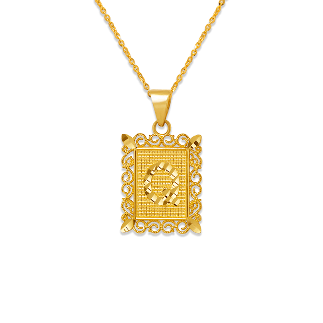 Colgante enmarcado con letra inicial de 15 x 19 mm en oro amarillo de 14 quilates en dos tonos