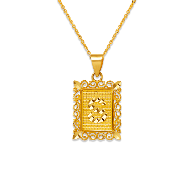 Pingente emoldurado com letra inicial em ouro amarelo 14K em dois tons 15x19mm