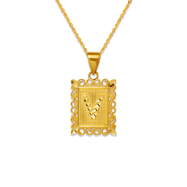 Colgante enmarcado con letra inicial de 15 x 19 mm en oro amarillo de 14 quilates en dos tonos