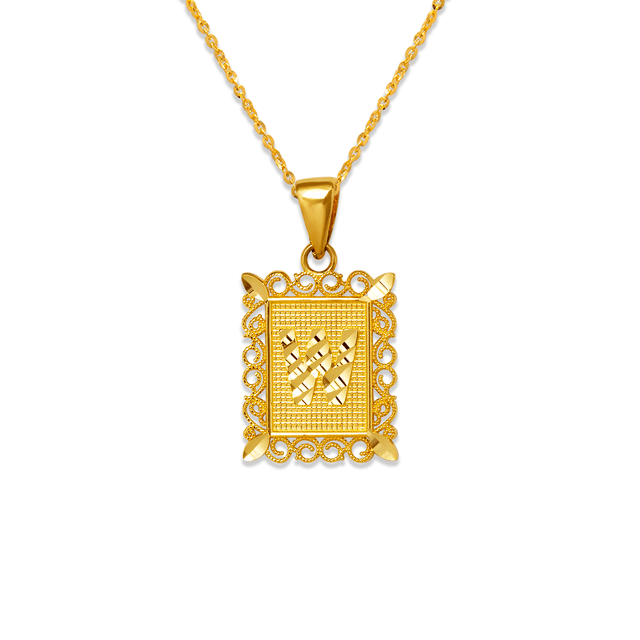 Colgante enmarcado con letra inicial de 15 x 19 mm en oro amarillo de 14 quilates en dos tonos