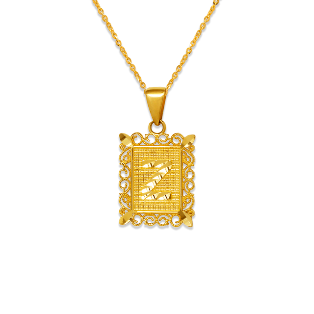 Colgante enmarcado con letra inicial de 15 x 19 mm en oro amarillo de 14 quilates en dos tonos