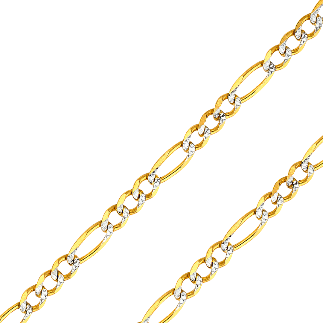 14K Real Solid Yellow Gold 1.80mm-11.30mm Figaro 3+1 Concave Regular White Pave Bracelet