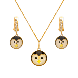 Juego para niños con esmalte de pingüino en oro amarillo de 14 quilates