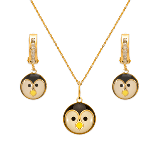 Conjunto infantil esmaltado pinguim em ouro amarelo 14K