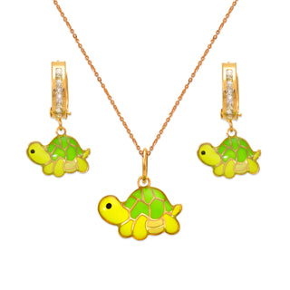 Juego para niños con esmalte de tortuga en oro amarillo de 14 quilates
