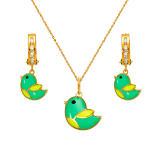 Conjunto infantil esmaltado passarinho em ouro amarelo 14K