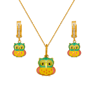 Conjunto infantil de esmalte coruja em ouro amarelo 14K