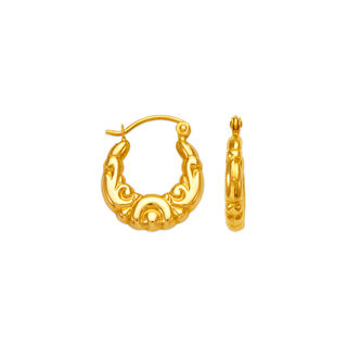 Aretes de aro con forma de camarón hueco en oro amarillo de 14 quilates