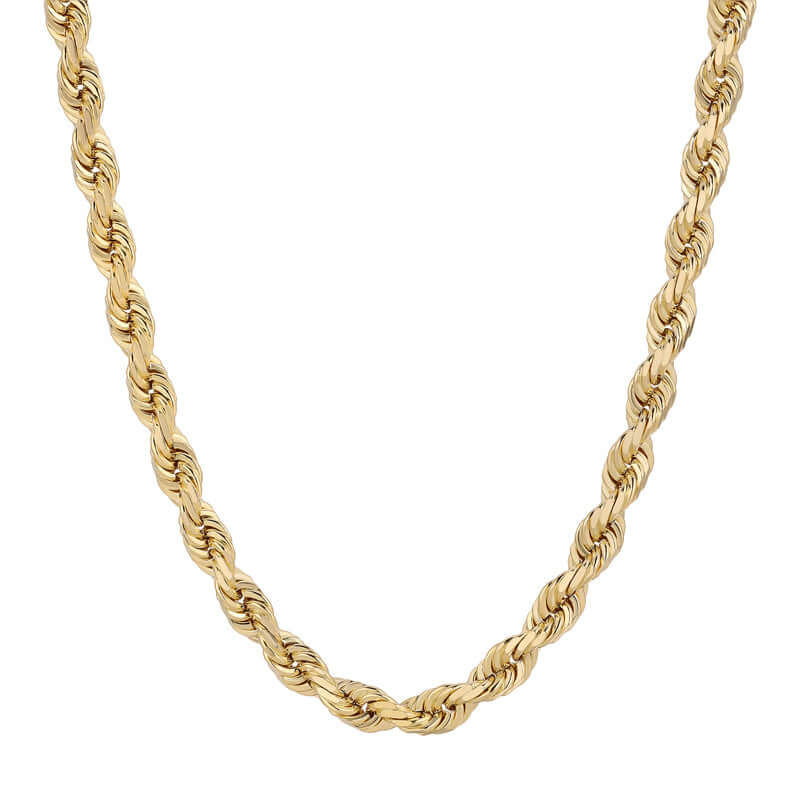 Close-up shot of a glistening 10K yellow gold rope chain with a diamond-cut finish, available in various widths from 1.5mm to 7mm, crafted by Italian Fashions