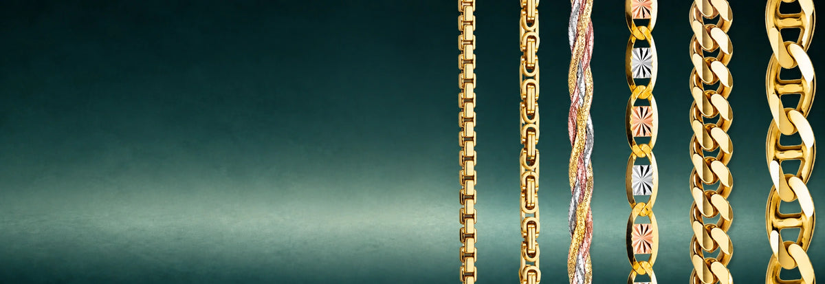 Yellow, two-tone and tri-color gold link chains on a dark teal background