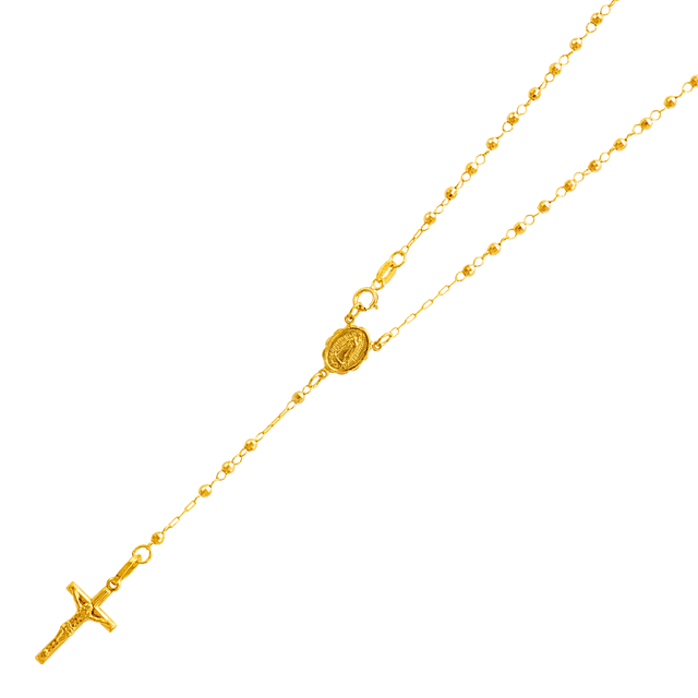 14k diamond cut rosary necklace featuring a gold chain with a crucifix and centerpiece, showcasing elegance and faith.