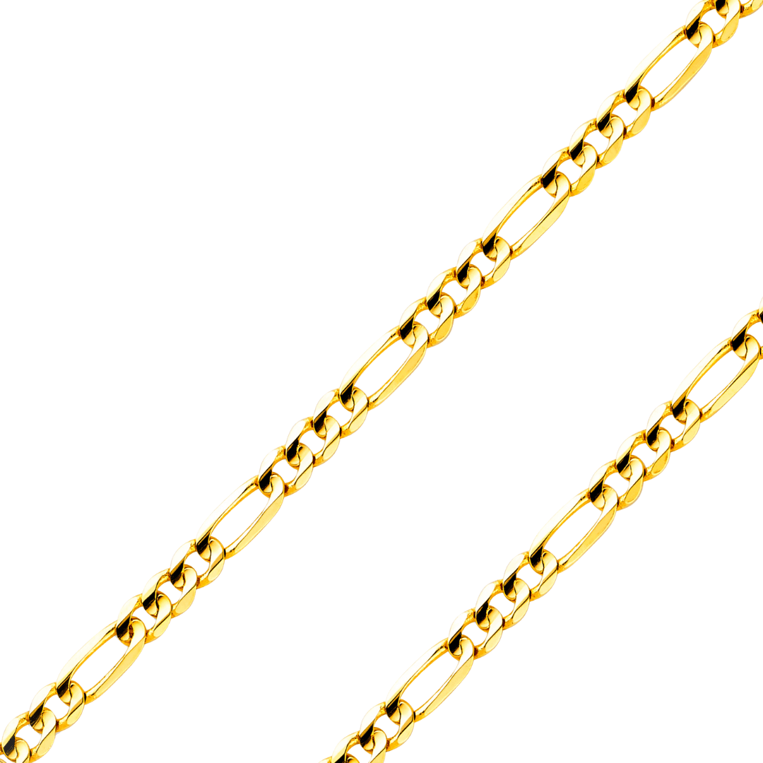 14K Real Solid Yellow or white Pave Gold 1.20mm-4.60mm Figaro 3+1 Concave Light Chain