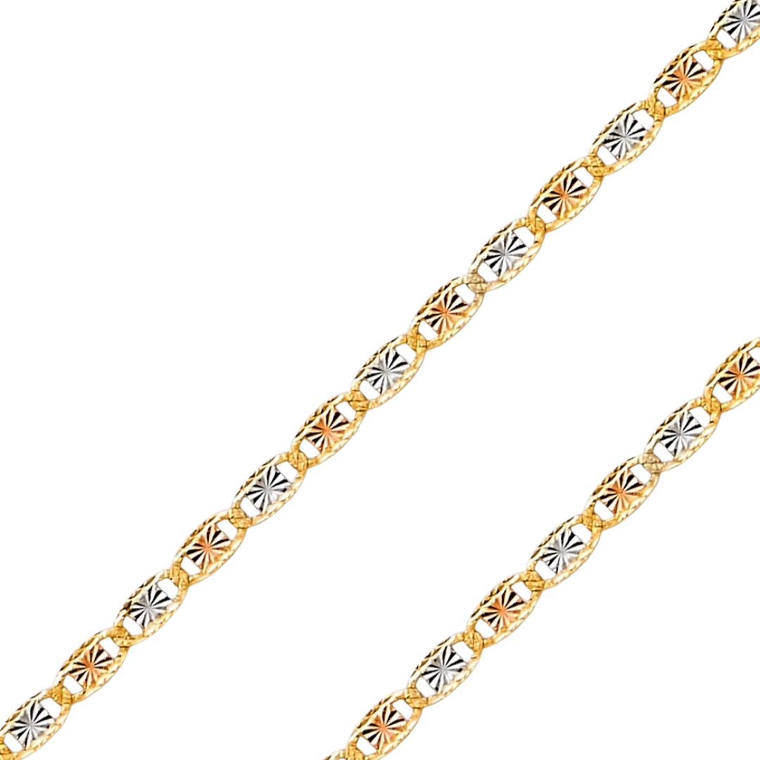 14K REAL Tricolor White Gold 2.1mm-4.20mm Valentino Star & Rail Diamond Cut Chain