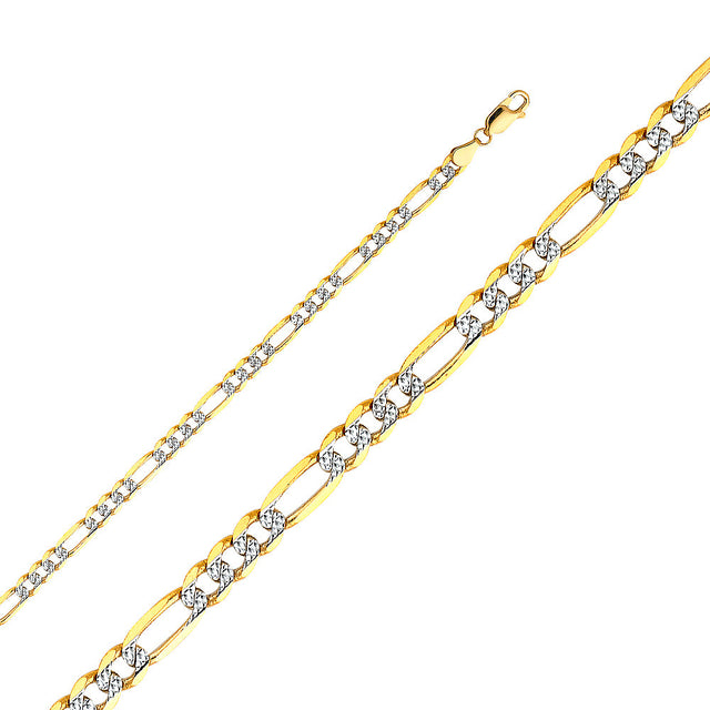 14K Two-Tone Gold Solid 4.6 mm White Pavé Figaro 3+1 Chain with Lobster Clasp