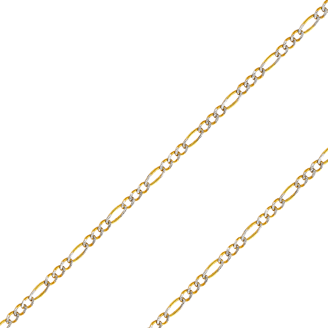 14K Real Solid Yellow Gold 1.80mm-11.30mm Figaro 3+1 Concave Regular White Pave Chain