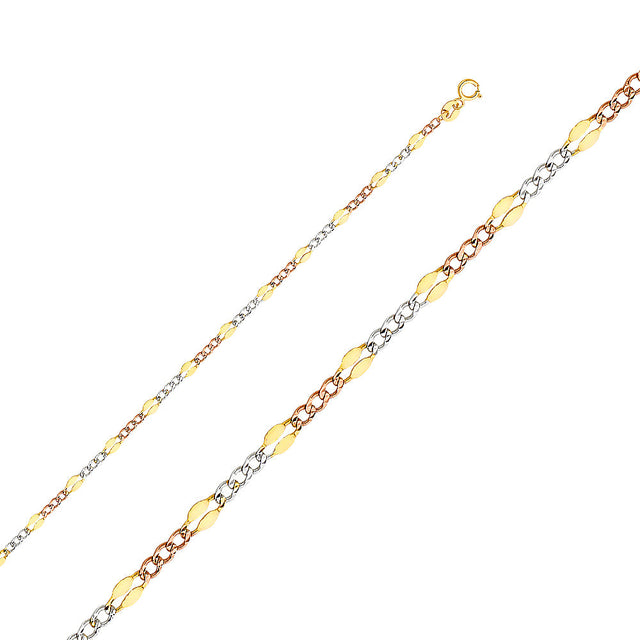 14K Tricolor Gold Solid Stamped 3.2 mm Figaro 3+1 Chain with Lobster Clasp