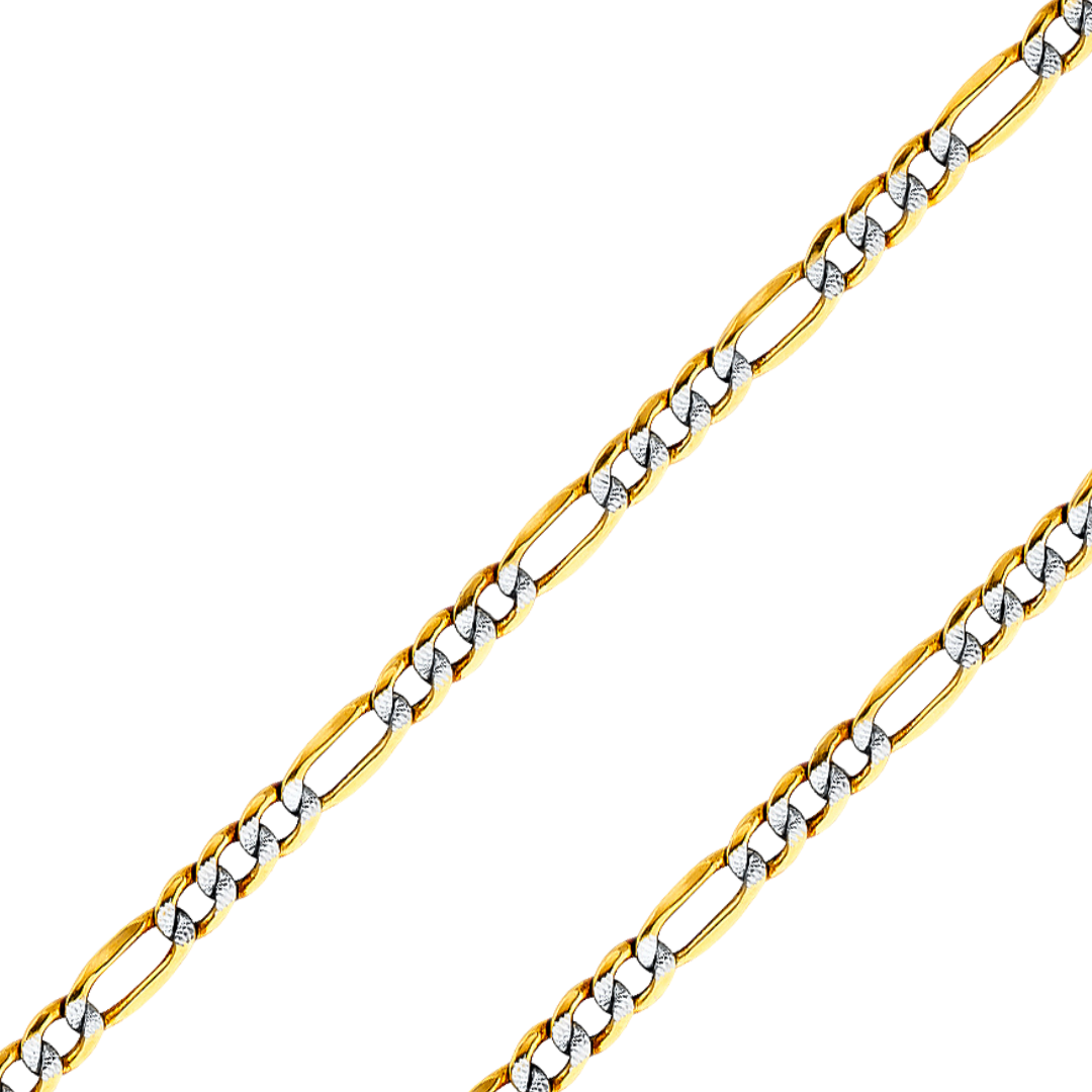 14K REAL Yellow White Pave Gold 2.10mm-8.40mm Hollow Chains Bevelled Figaro 3+1 Diamond Cut Chain