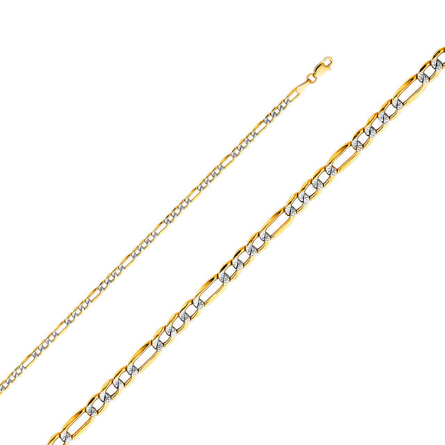 14K Two-Tone Gold Hollow 3.0 mm Bevelled Figaro 3+1 White Pavé Bracelet