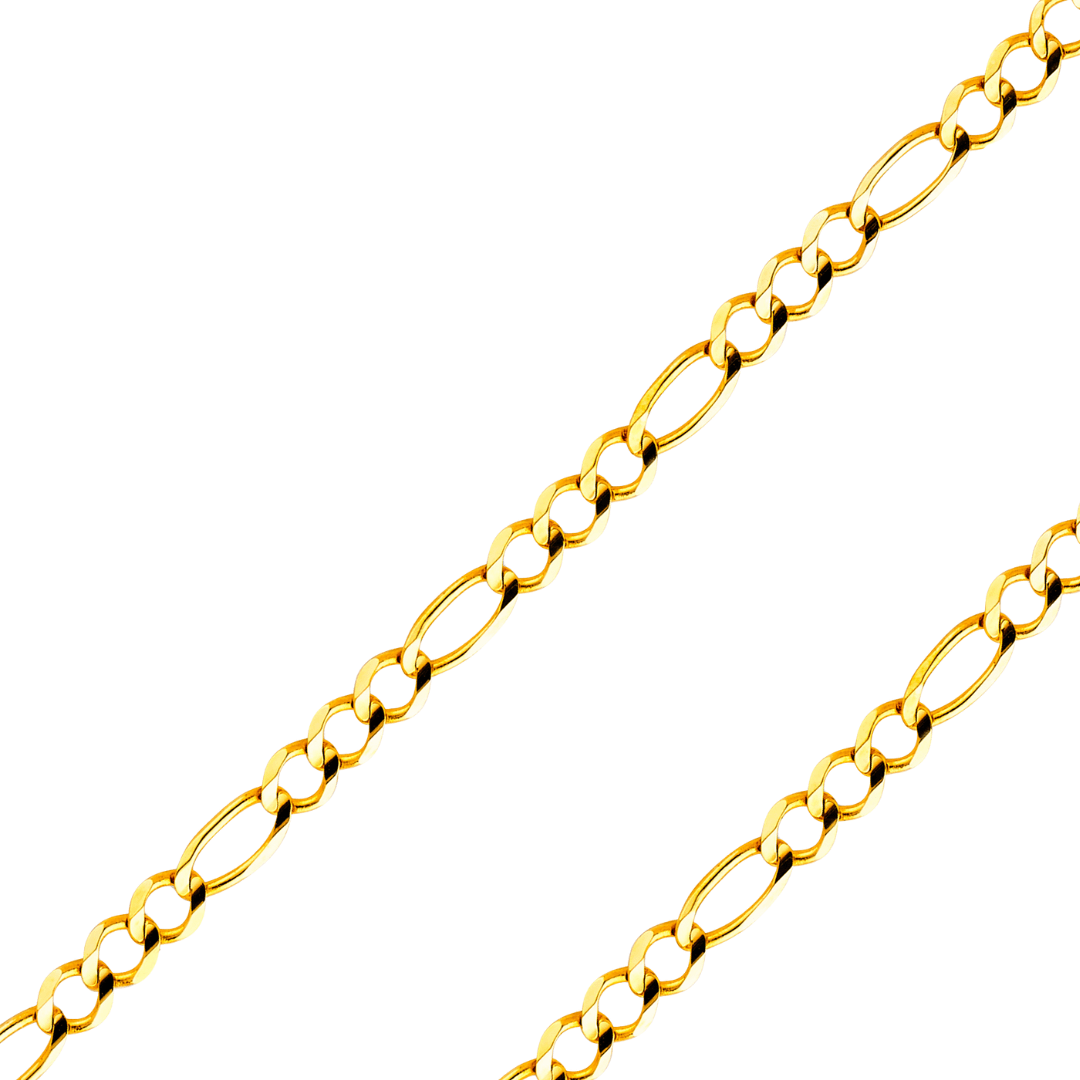 14K Real Solid Yellow or white Pave Gold 3.90mm-5.60mm Figaro 3+1 Concave Open Light Chain
