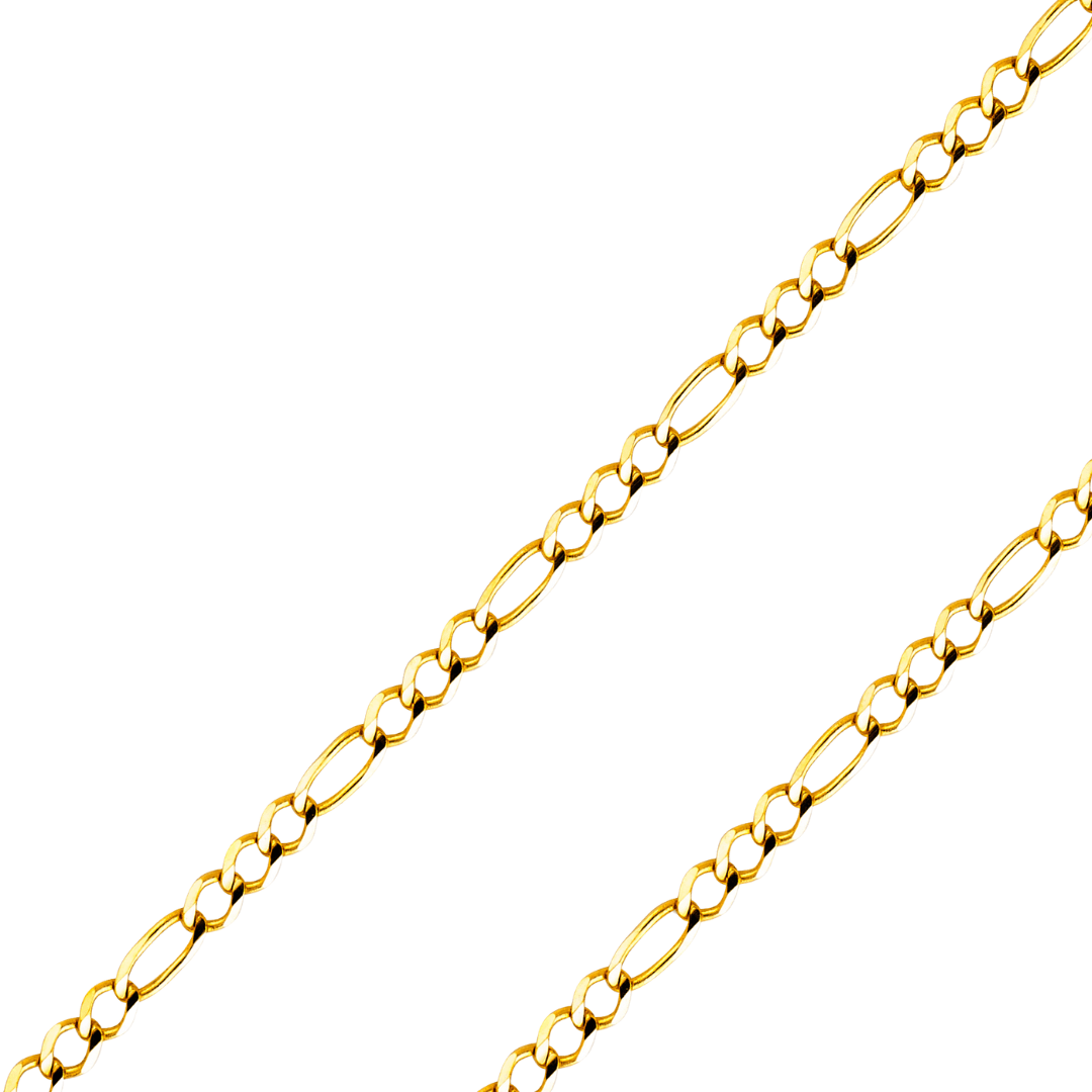 14K Real Solid Yellow or white Pave Gold 3.90mm-5.60mm Figaro 3+1 Concave Open Light Chain