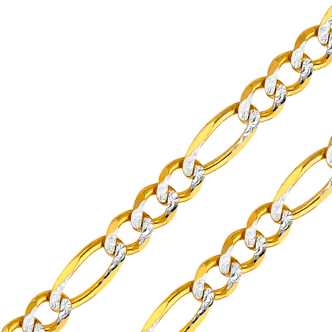 14K Real Solid Yellow Gold 1.80mm-11.30mm Figaro 3+1 Concave Regular White Pave Bracelet